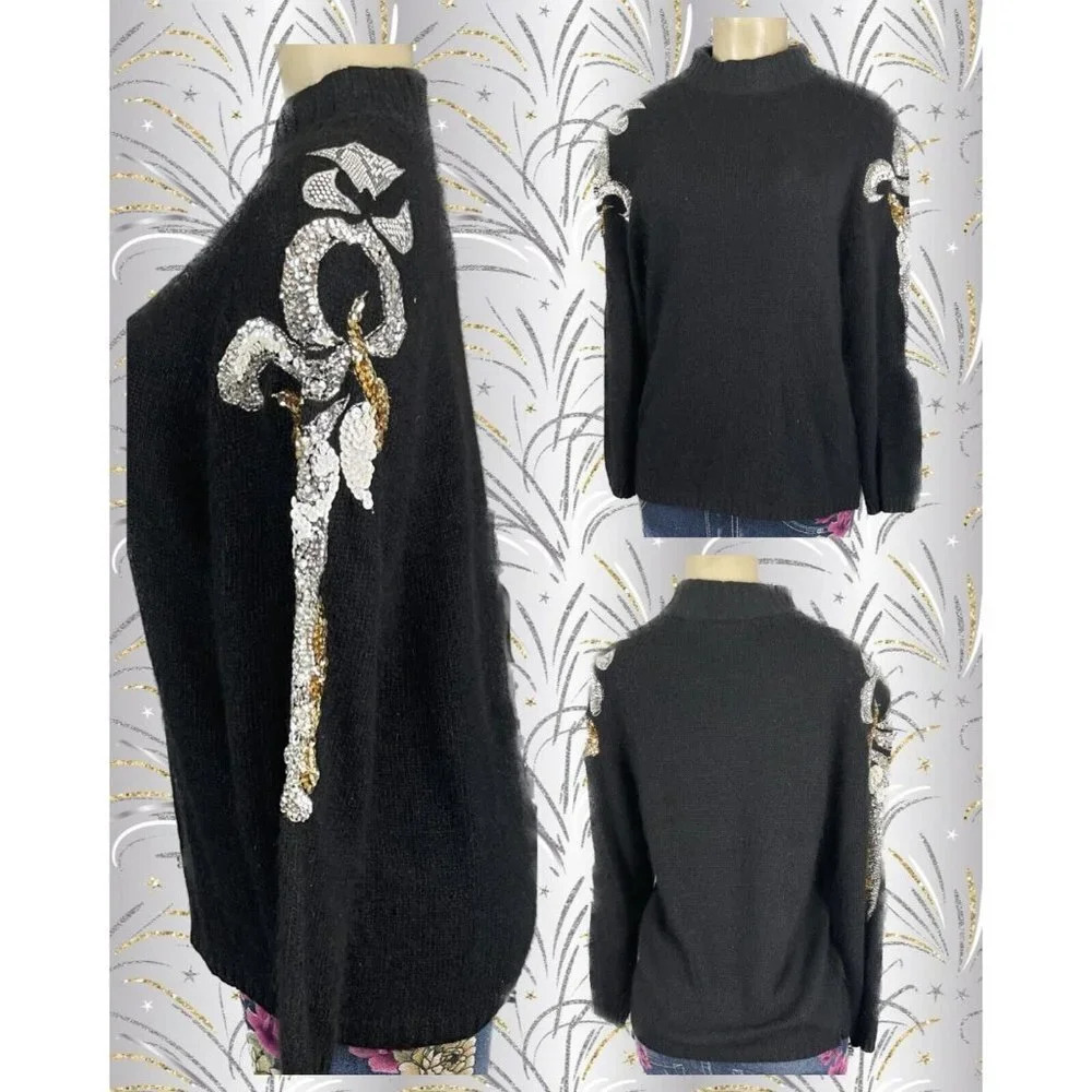 Croquet Club Vintage L Black Mock Neck Silk Blend Sequin Long Sleeve Sweater